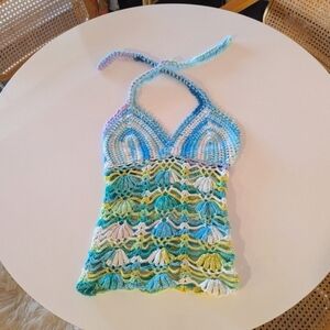 Handmade Crochet Halter Tank Top in Blue & Green